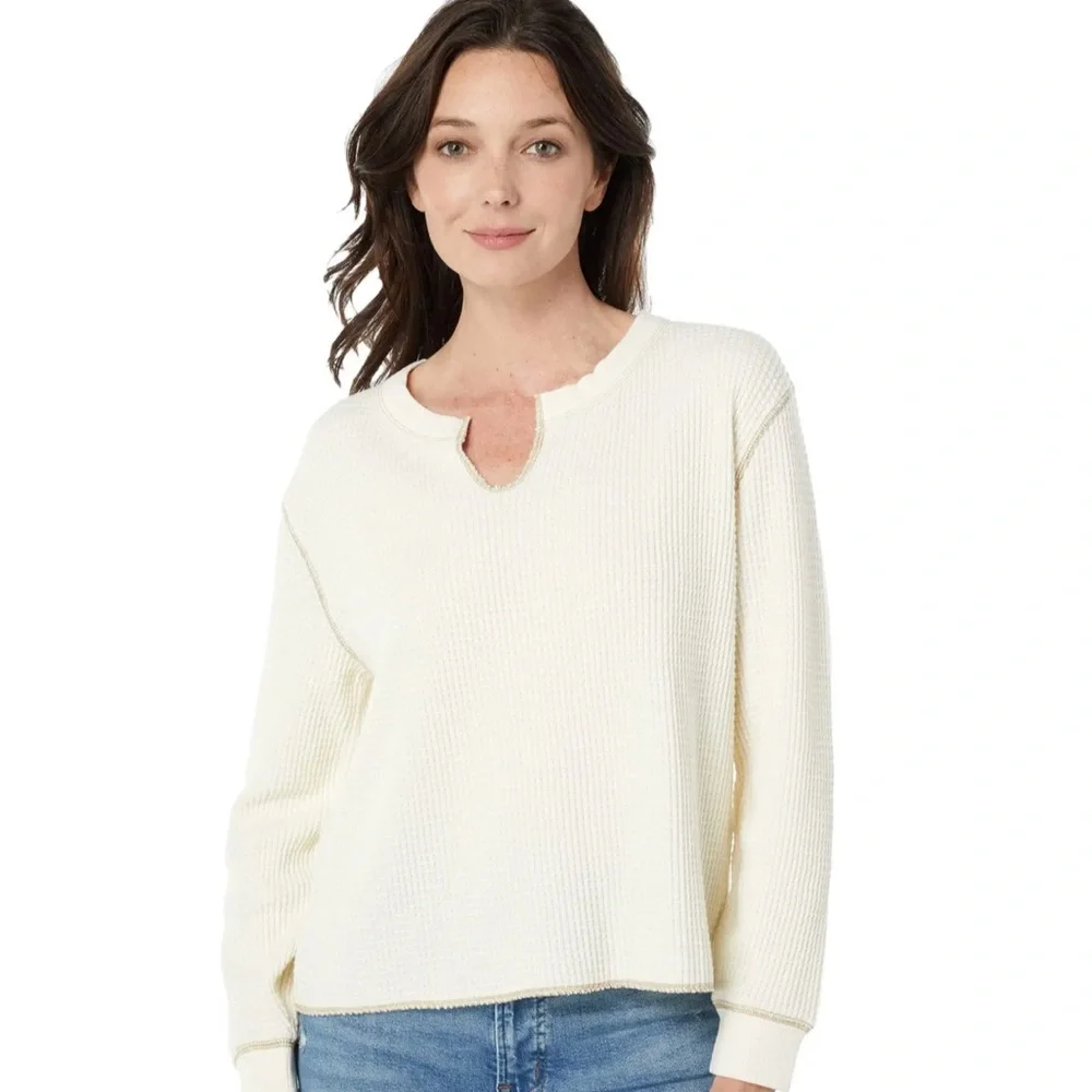 NWT Madewell Waffle Split-Neck Crop Tee, Cream, XS - Picture 1 of 5